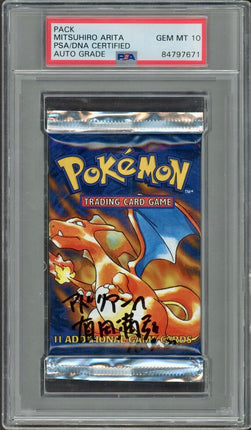 Mitsuhiro Arita Signed 1999 Pokémon WOTC Sealed Base Set Foil Pack - Charizard Art - PSA/DNA 10 AUTO