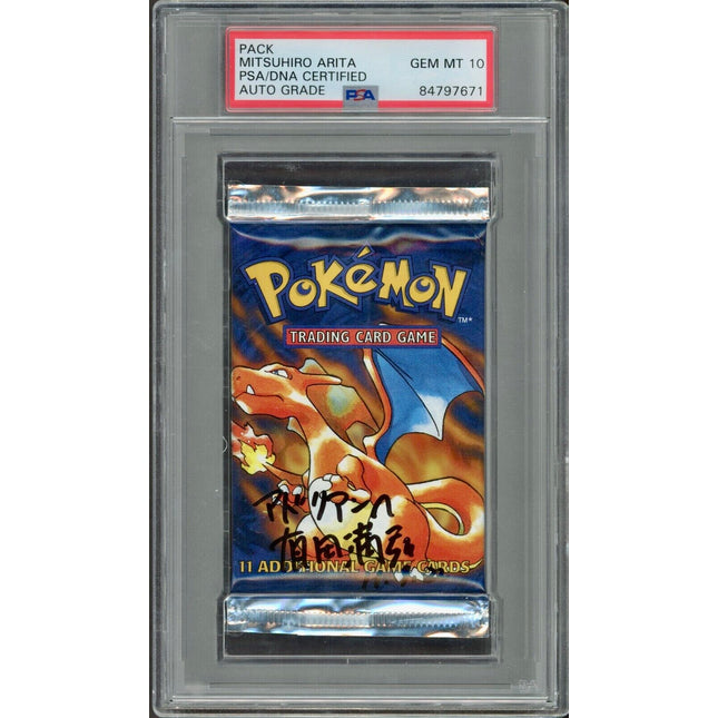 Mitsuhiro Arita Signed 1999 Pokémon WOTC Sealed Base Set Foil Pack - Charizard Art - PSA/DNA 10 AUTO