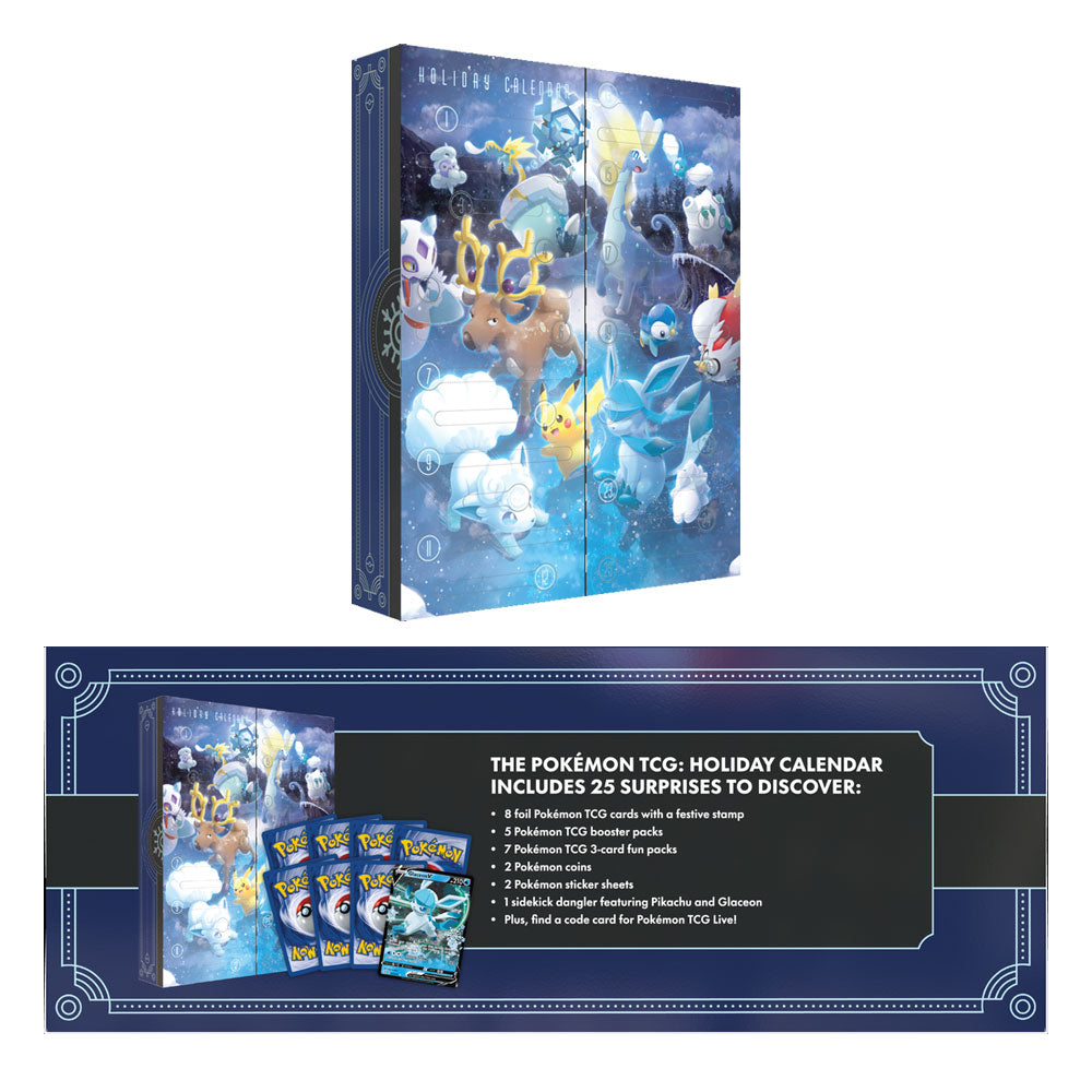 foil pokmon tcg cards with a festive stamp 2025 Pokemon TCG holiday calendar revealed with Glaceon EX and booster packs