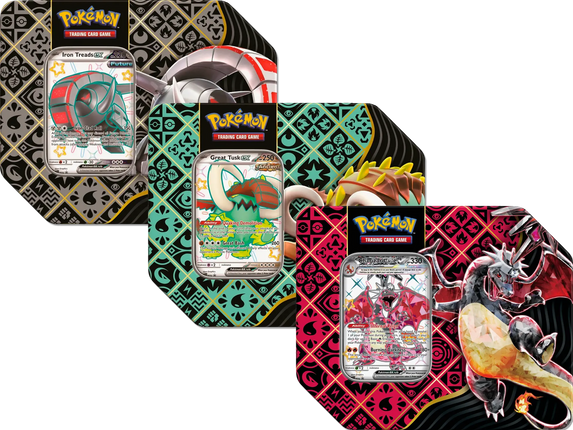 Pokémon Scarlet & Violet Paldean Fates Tins (Great Tusk Ex/Charizard Ex/Iron Treads Ex)