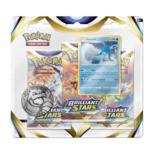 Pokémon Sword & Shield-Brilliant Stars 3 Booster Packs, Coin & Glaceon Promo Card